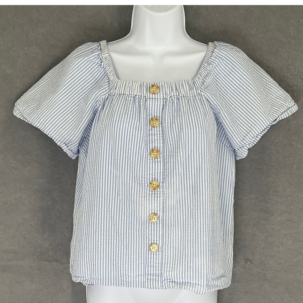 Crewcuts Girls Blue White Stripe‎ Seersucker Square Neck Button Front Top Sz 16